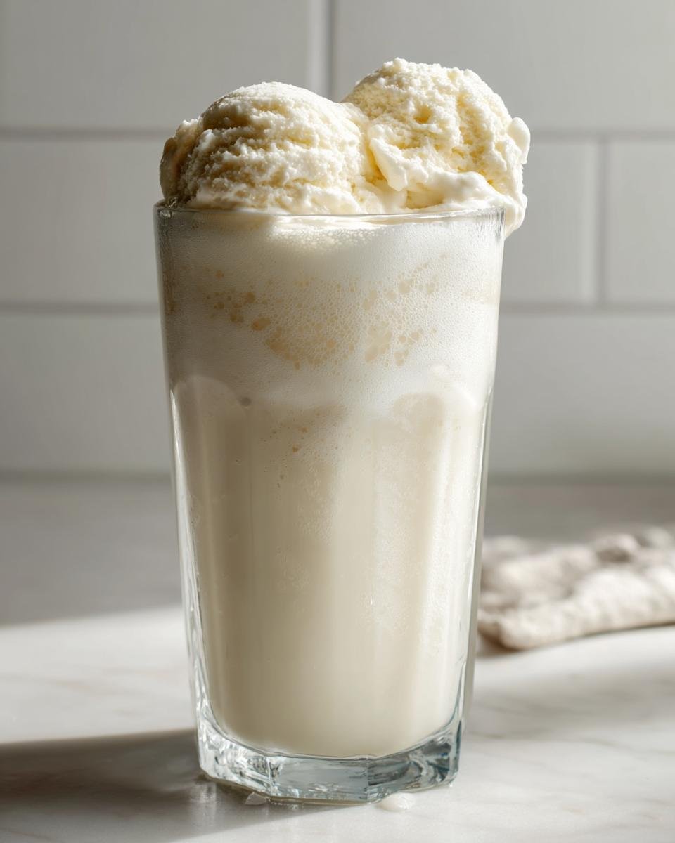 A tall glass filled with fizzy White Christmas Punch topped with two scoops of vanilla ice cream.
