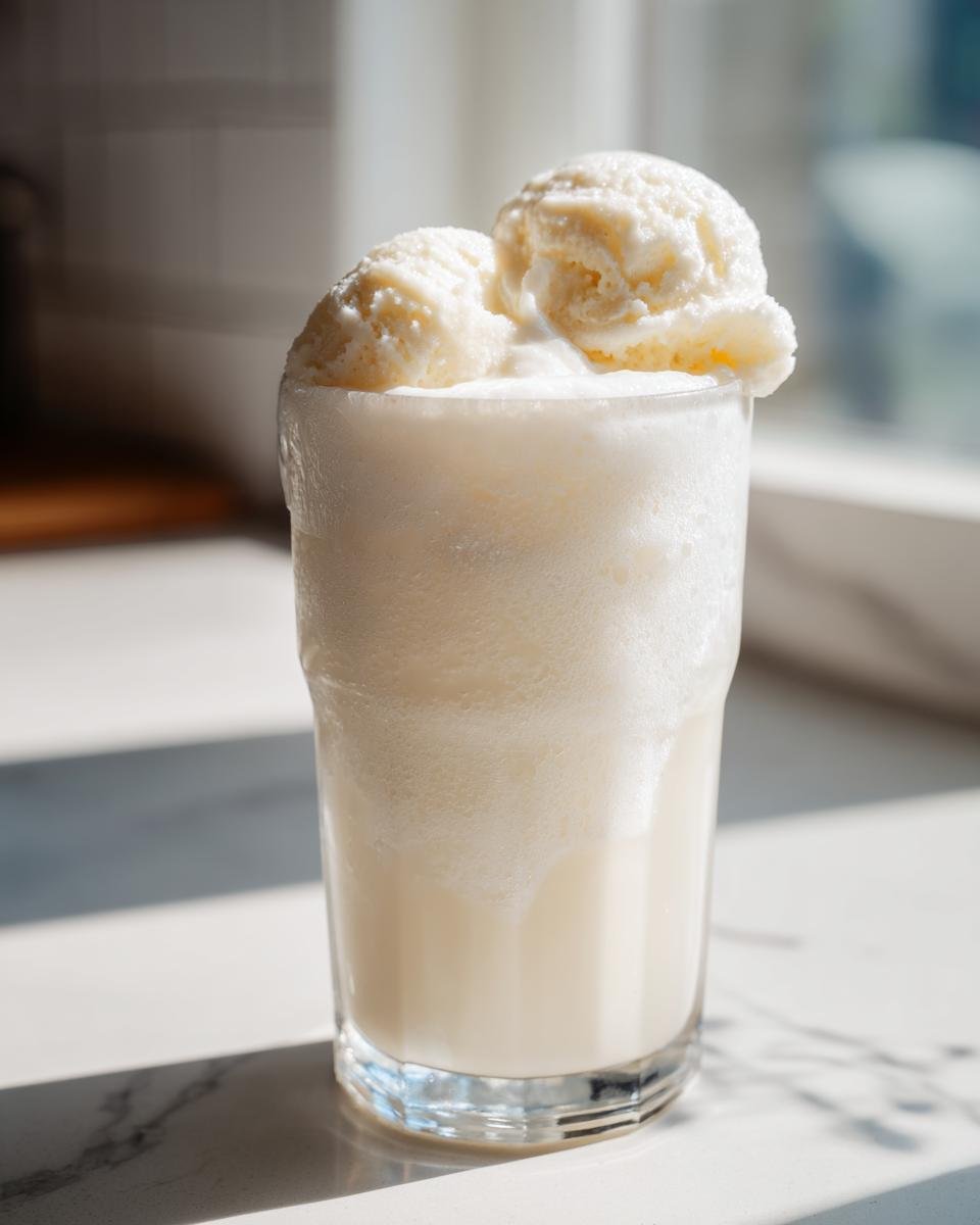 A tall glass filled with frothy White Christmas Punch topped with two scoops of vanilla ice cream.