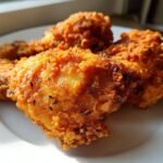Close-up of golden brown, crispy Air Fry Fried Chicken pieces resting on a white plate, illuminated by sunlight.