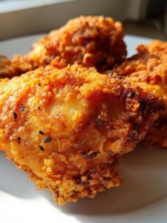 Close-up of golden brown, crispy Air Fry Fried Chicken pieces resting on a white plate, illuminated by sunlight.
