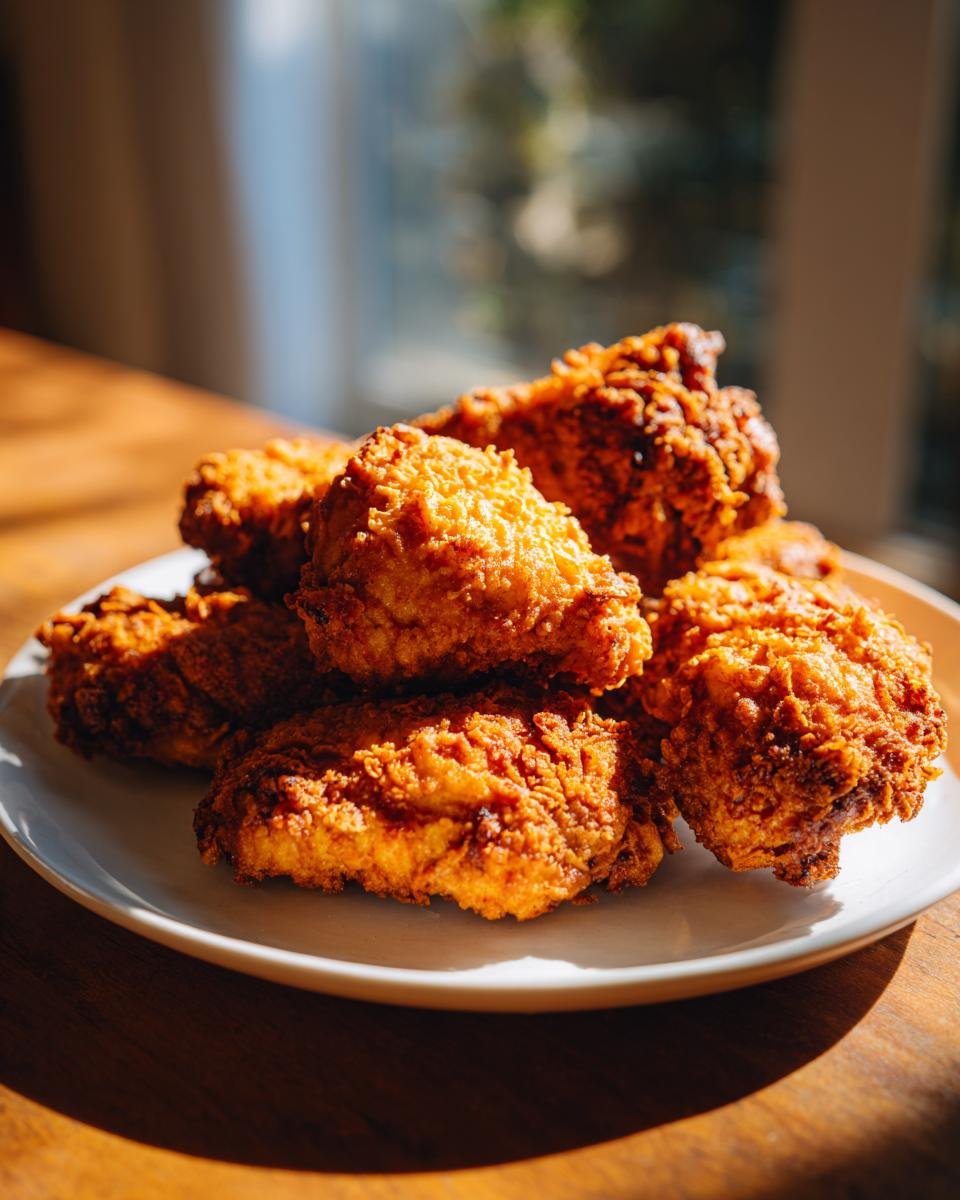 A plate piled high with golden brown, crispy Air Fry Fried Chicken pieces illuminated by sunlight.