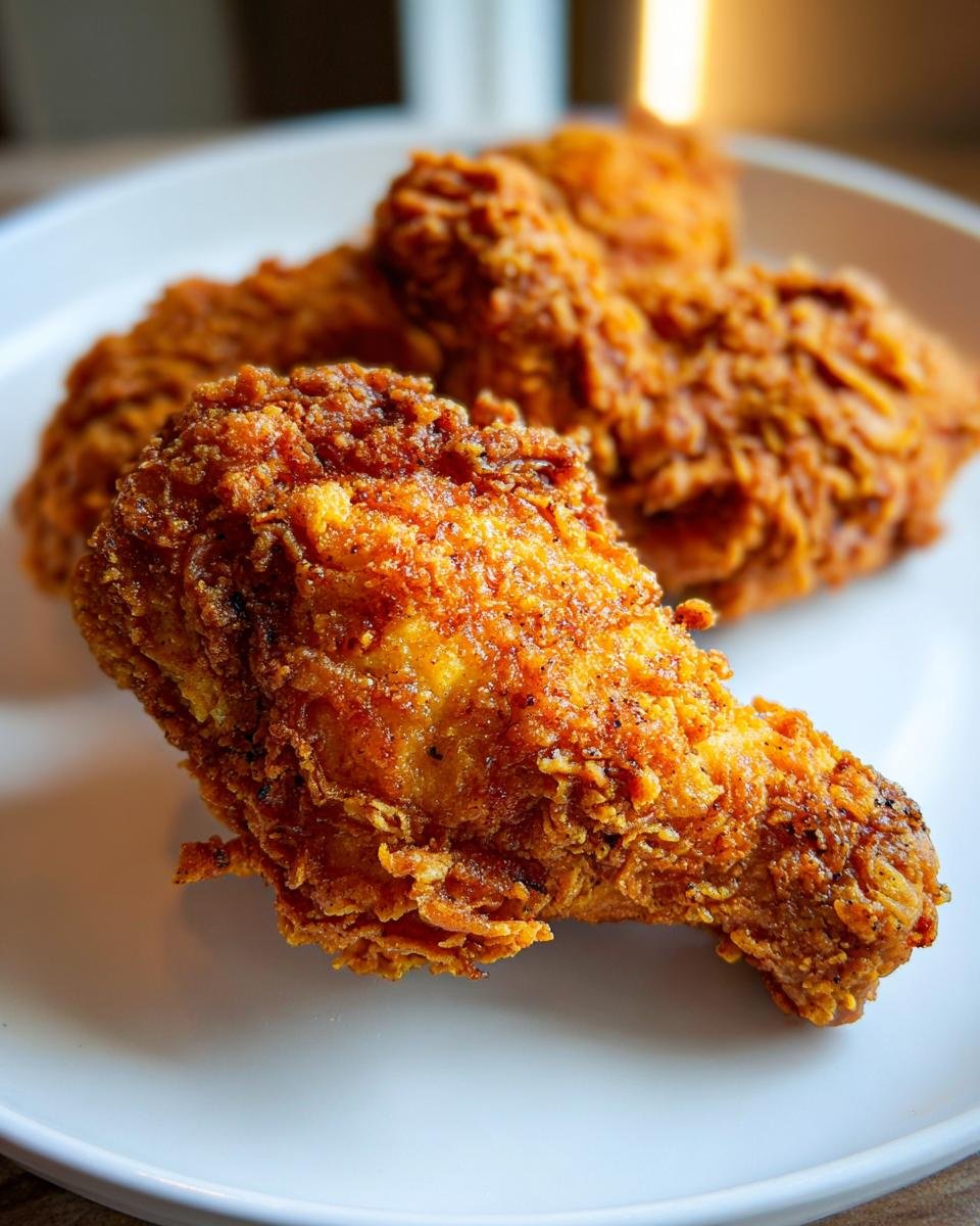 Close-up of a perfectly crispy, golden-brown Air Fry Fried Chicken drumstick on a white plate.