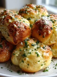 A close-up of freshly baked, golden brown Garlic Knots piled high and topped with melted butter, parsley, and Parmesan cheese.