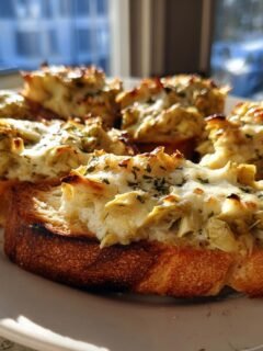 Several pieces of warm Artichoke Bruschetta topped with melted cheese and herbs served on a white platter.