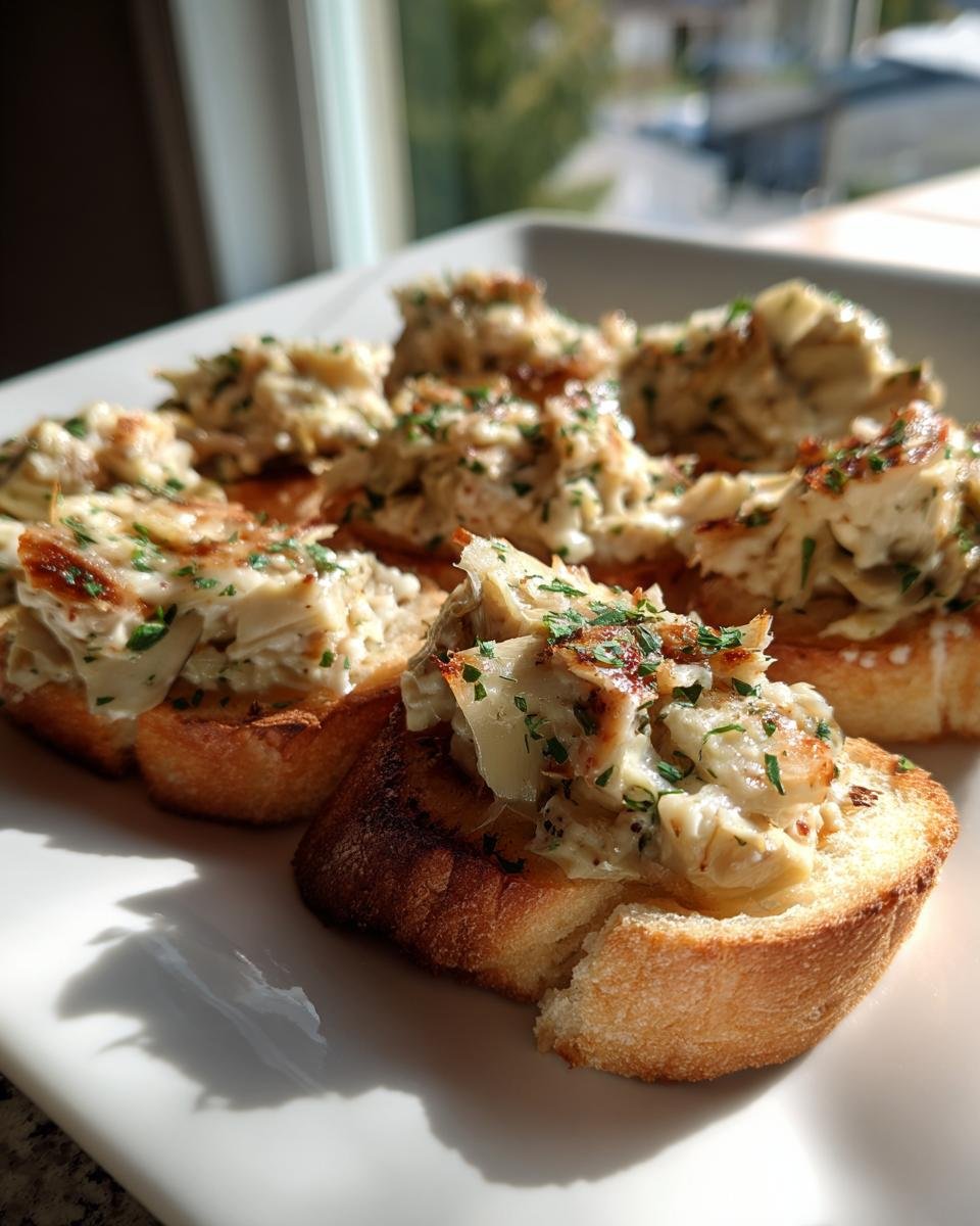 Several pieces of Artichoke Bruschetta served on toasted baguette slices, topped with creamy artichoke mixture and parsley.
