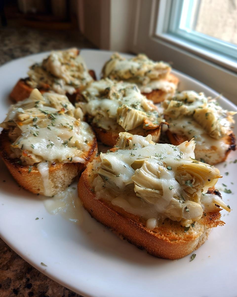 Six pieces of Artichoke Bruschetta topped with melted cheese and herbs served on a white platter.
