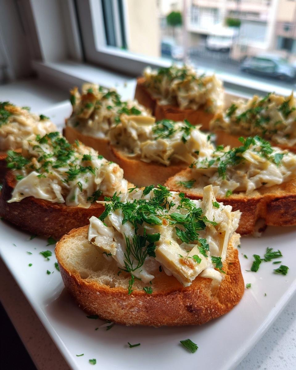 Several pieces of Artichoke Bruschetta served on a white platter, topped with creamy artichoke mixture and fresh parsley.