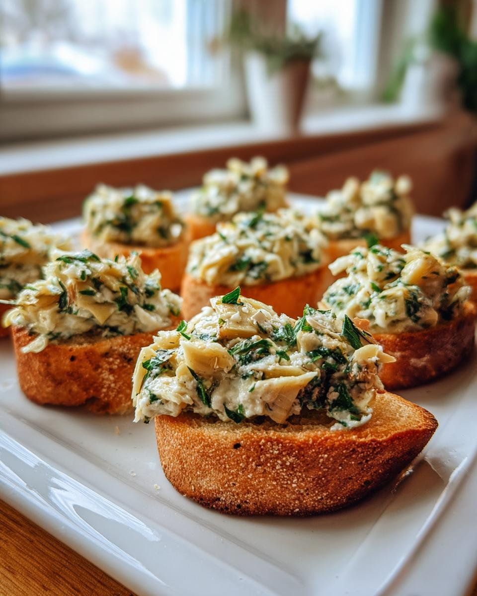 Several pieces of Artichoke Bruschetta topped with creamy artichoke mixture, served on a white platter.