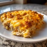 A close-up serving of Baked Cheesy Chicken Casserole topped with melted cheddar and a crispy crust.