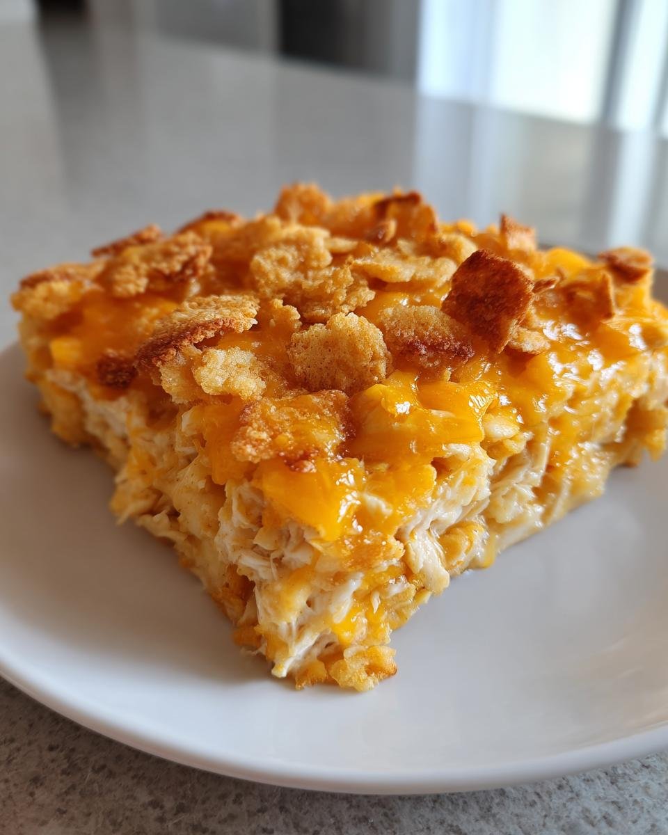 A square serving of Baked Cheesy Chicken Casserole topped with melted cheddar and crunchy cornflakes.