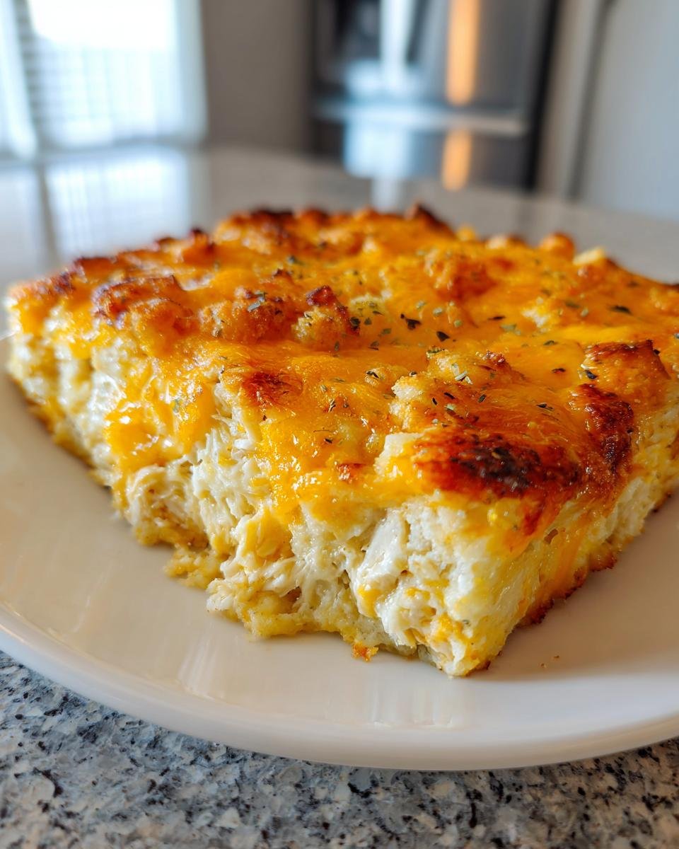 A square serving of Baked Cheesy Chicken Casserole featuring shredded chicken and a golden, bubbly cheddar cheese topping.