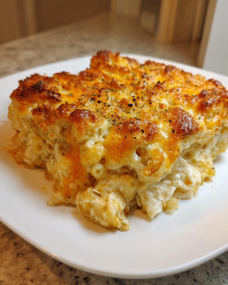 A square serving of Baked Cheesy Chicken Casserole on a white plate, featuring a bubbly, golden-brown cheese topping.