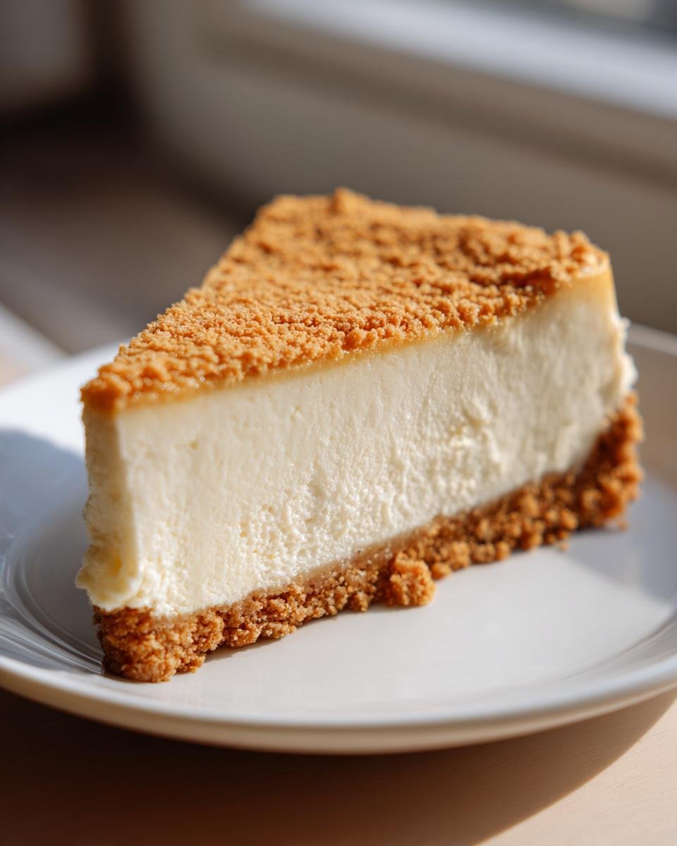 A close-up of a creamy slice of The Best No Bake Cheesecake with a thick graham cracker crust.