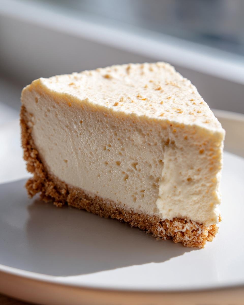A perfect slice of The Best No Bake Cheesecake with a thick graham cracker crust, sitting on a white plate.