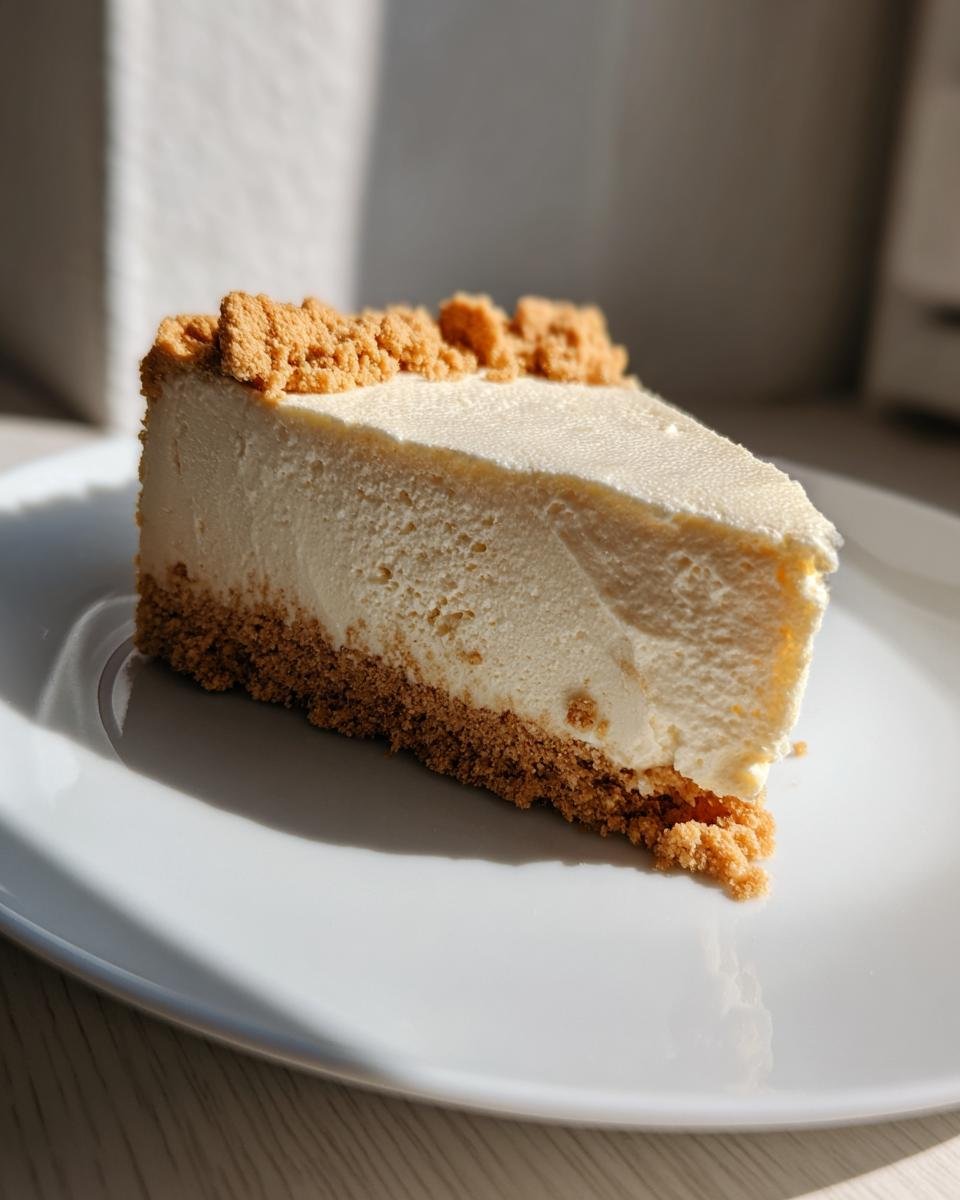 A perfect slice of The Best No Bake Cheesecake showing a thick, creamy filling and graham cracker crust.
