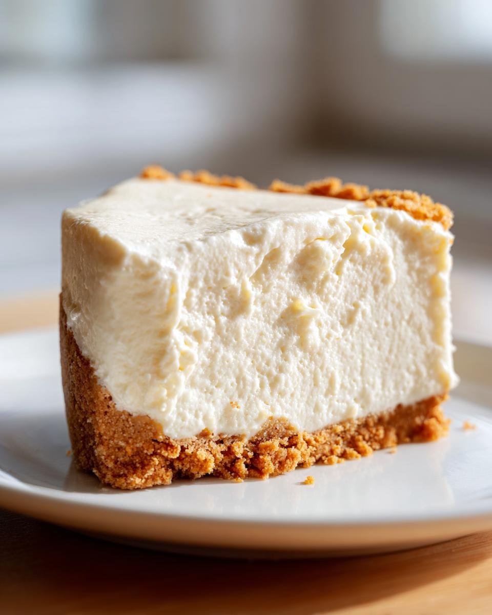 A perfect slice of The Best No Bake Cheesecake showing a thick, creamy filling and a graham cracker crust.