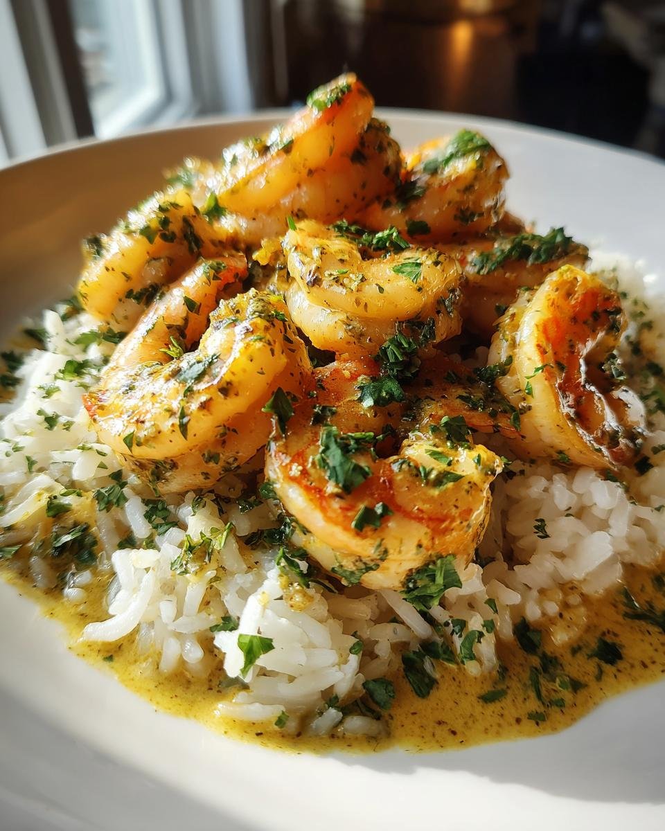 Close-up of succulent Butter Garlic Shrimp With Rice, coated in a rich sauce and topped with fresh parsley.