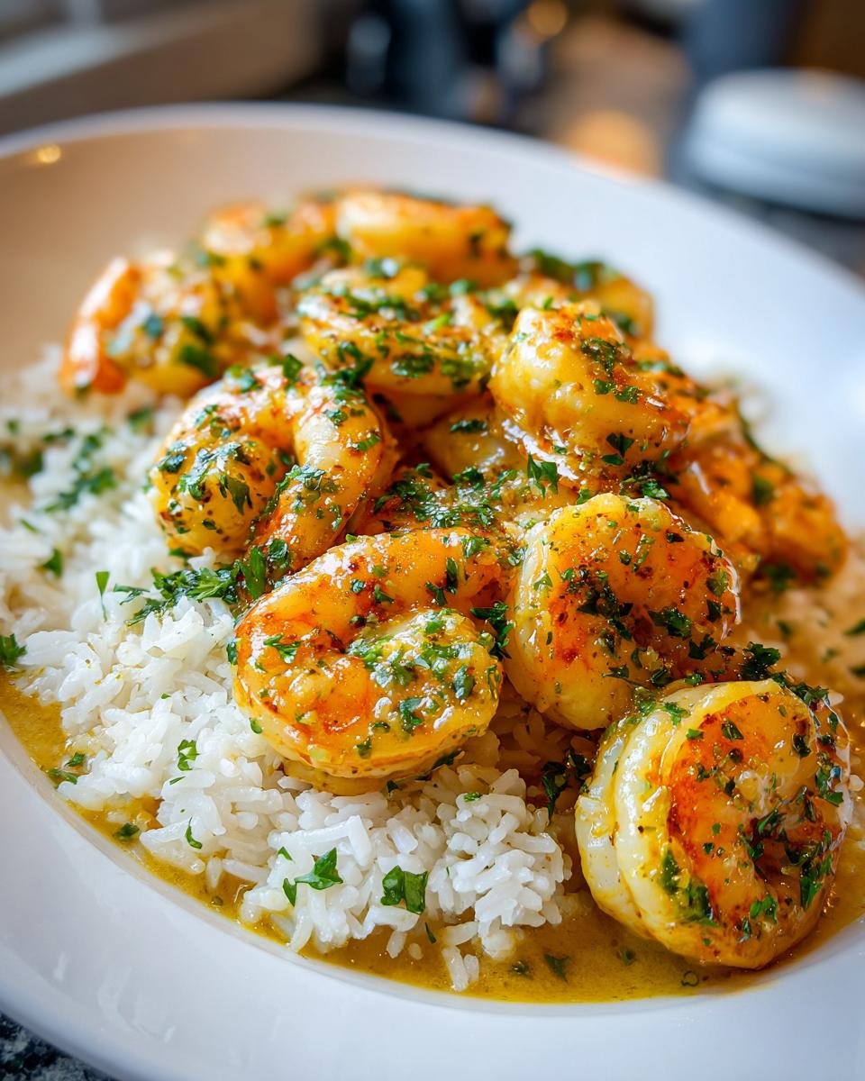 Plump, golden Butter Garlic Shrimp With Rice, generously topped with fresh chopped parsley, served on a white oval plate.