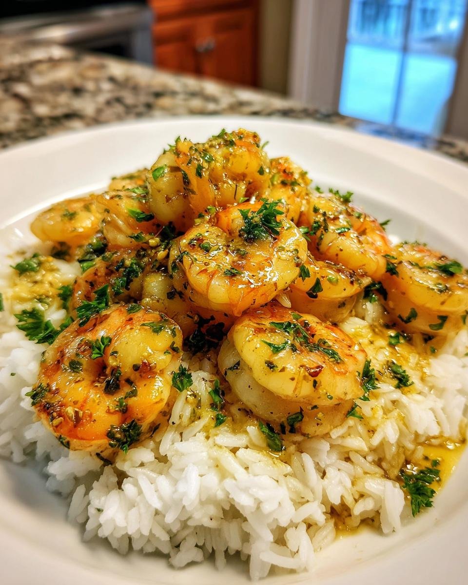 Close-up of Butter Garlic Shrimp With Rice, featuring plump shrimp coated in garlic butter sauce over white rice, garnished with parsley.