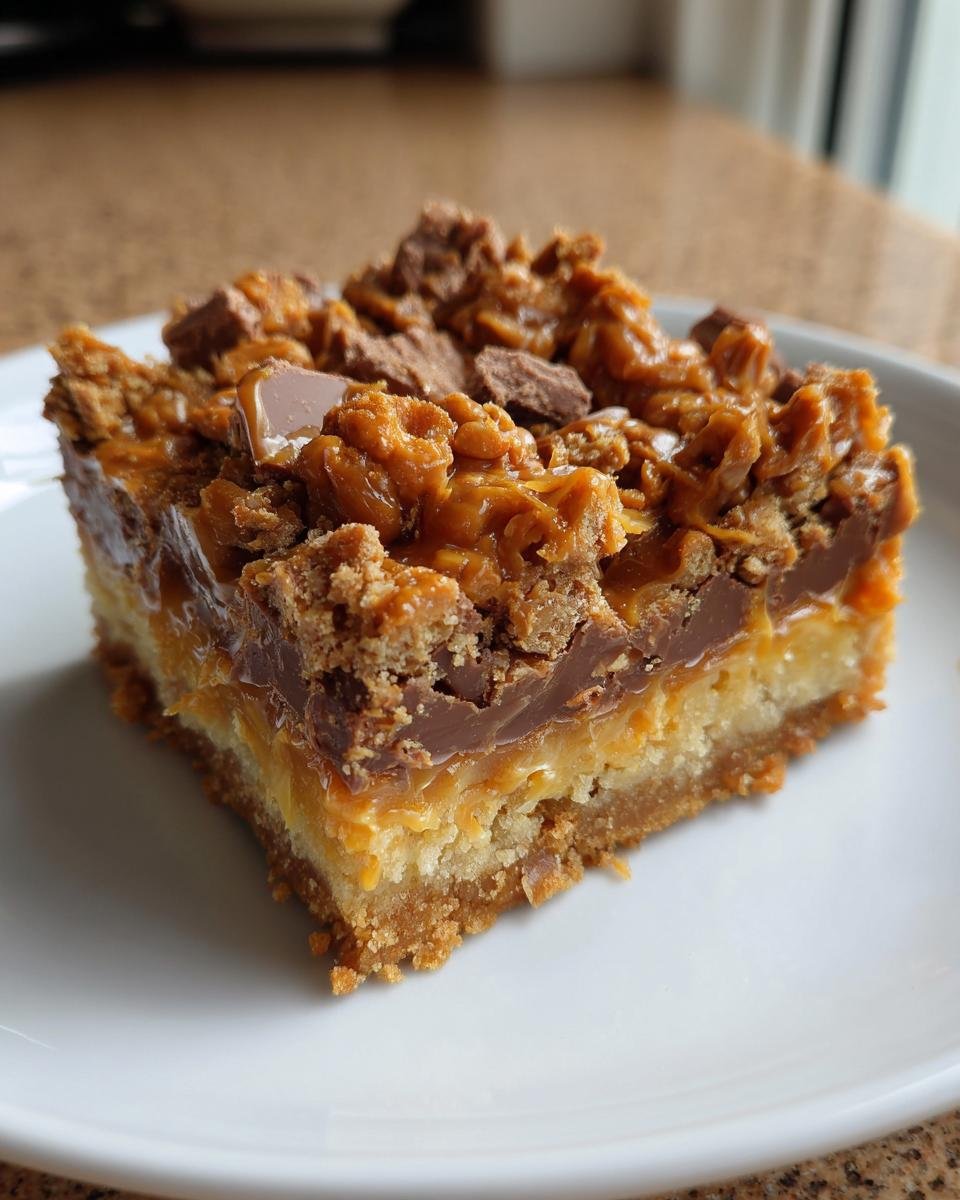 A single square of rich Butterfinger Caramel Bars showing layers of shortbread, caramel, chocolate, and crunchy topping.