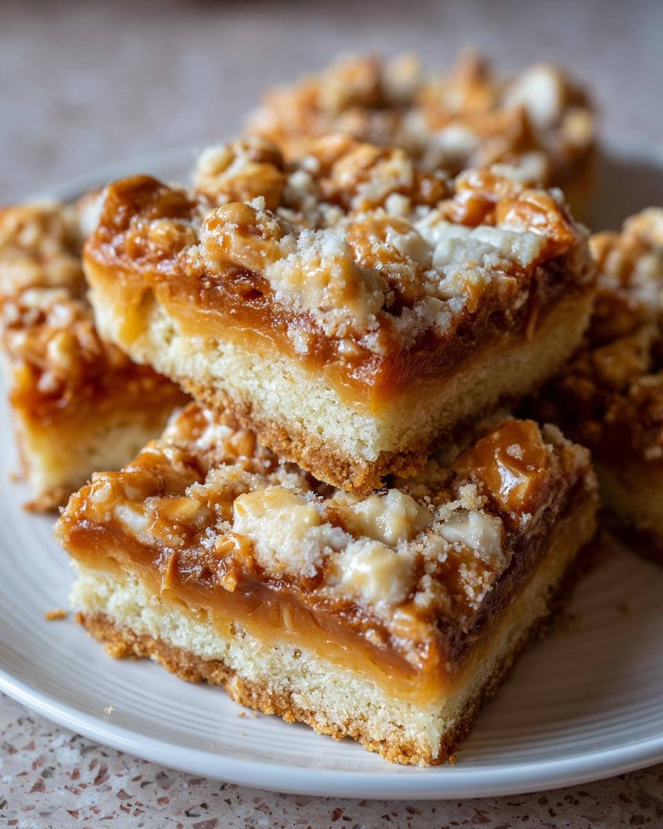 Close-up of stacked Butterfinger Caramel Bars showing a thick shortbread crust and gooey caramel topping with candy pieces.