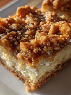 A close-up, sunlit view of a rich square slice of Butterfinger Caramel Bars showing the crust, creamy layer, and crunchy topping.