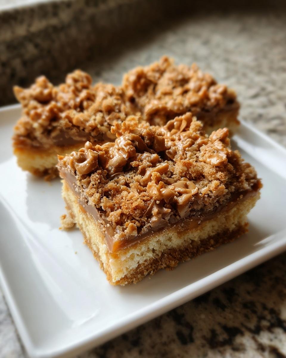 Three squares of rich Butterfinger Caramel Bars featuring a thick, crumbly topping and caramel layer on a white plate.