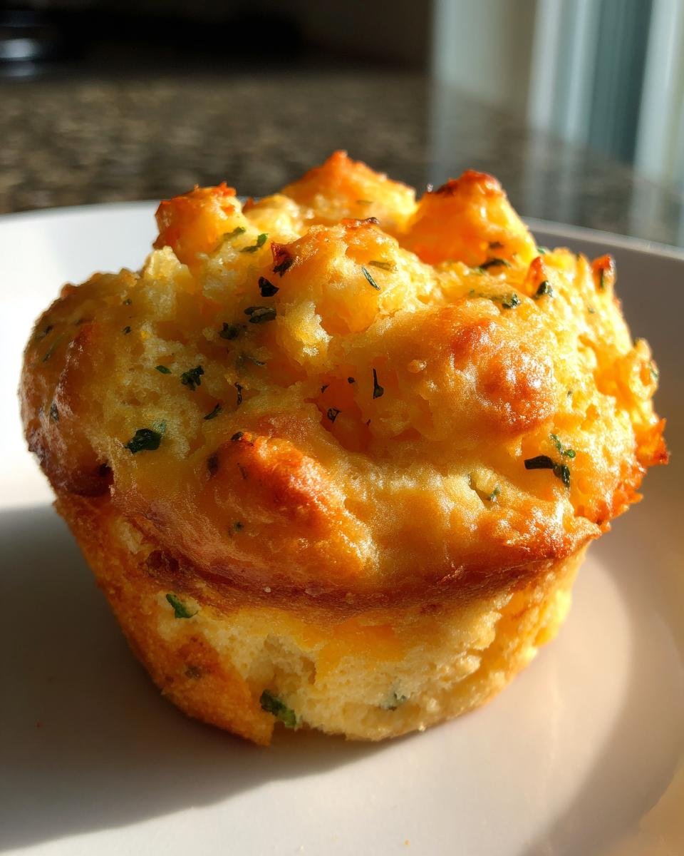A close-up of a freshly baked, golden brown Cheese And Herb Muffins with visible herbs on top.