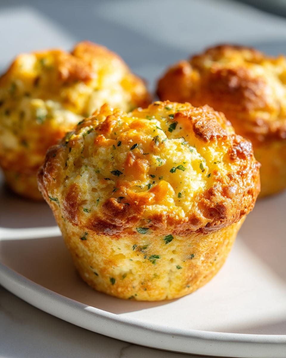 Close-up of a golden brown Cheese And Herb Muffins topped with visible green herbs.