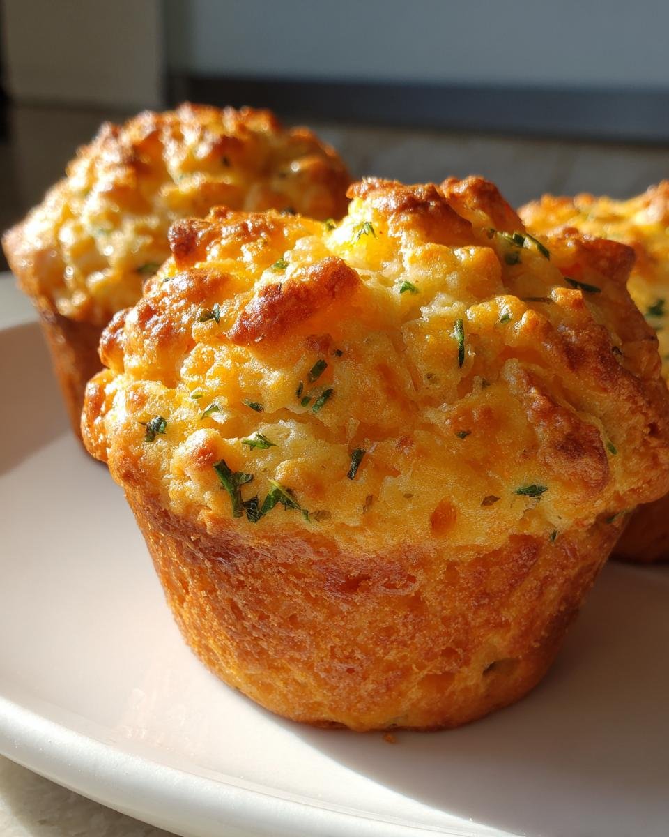 Close-up of freshly baked, golden Cheese And Herb Muffins topped with melted cheese and green herbs.