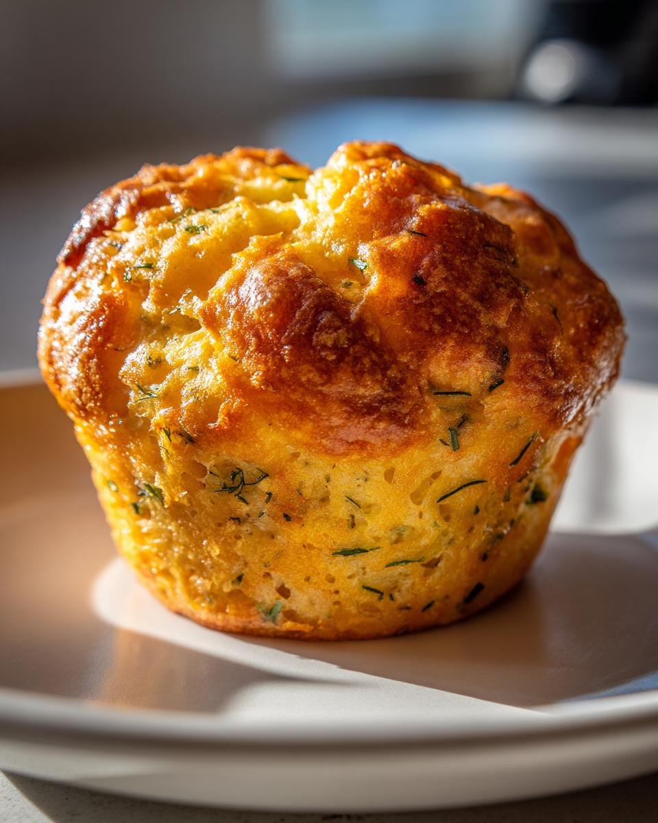 A close-up of a freshly baked, golden-brown Cheese And Herb Muffins with visible green herbs.