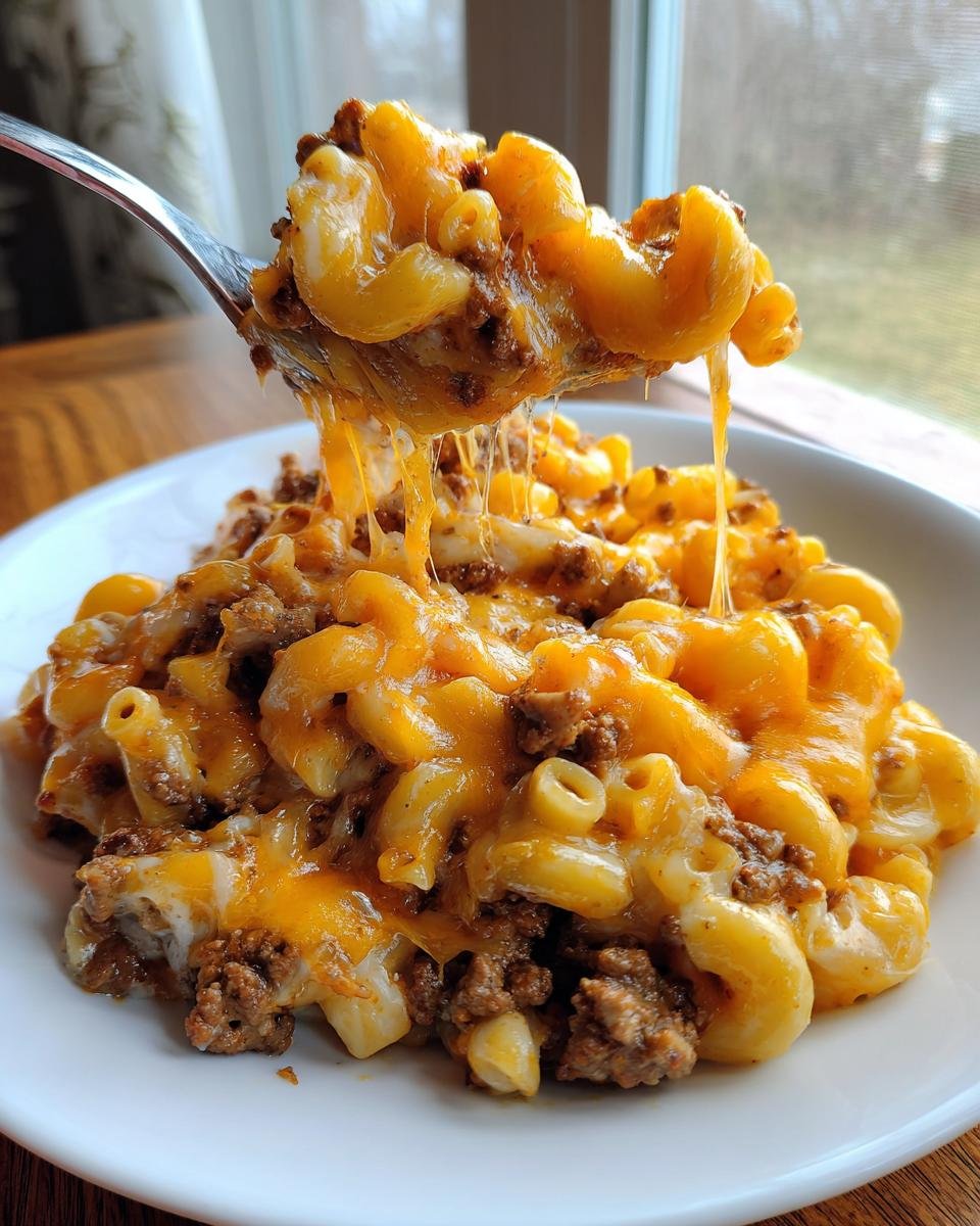 A fork lifting a bite of Cheesy Ground Beef Pasta Skillet, showing melted cheese stretching between the fork and the bowl.