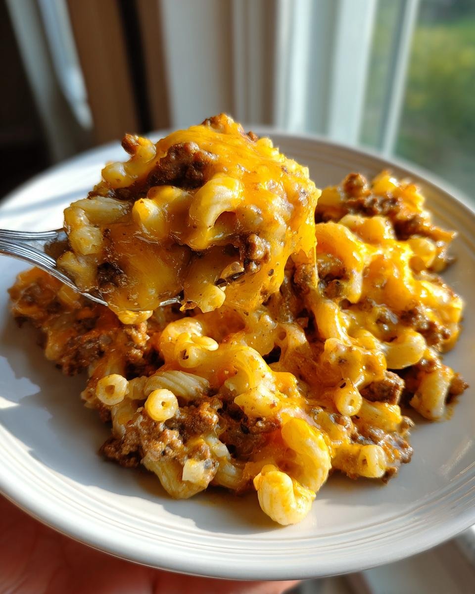 A fork lifts a generous portion of Cheesy Ground Beef Pasta Skillet, covered in melted cheddar cheese.