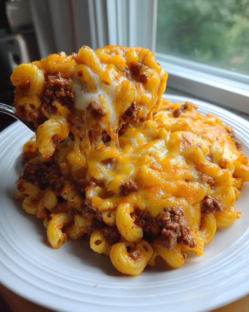 A spoonful of Cheesy Ground Beef Pasta Skillet lifted from a white plate, showing melted cheddar cheese pull.
