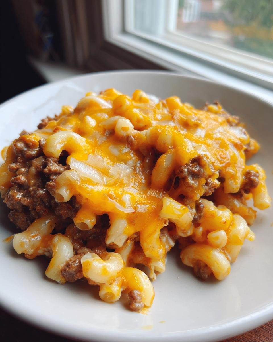 A close-up of a serving of Cheesy Ground Beef Pasta Skillet topped with melted cheddar cheese.