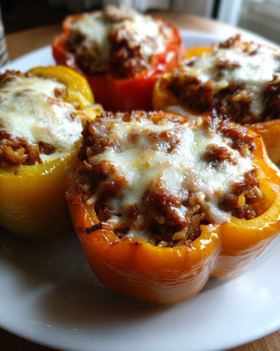 Close-up of several colorful Roasted Stuffed Bell Peppers topped with melted white cheese.