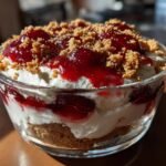 Close-up of a layered Cherry Cheesecake Trifle in a clear glass, topped with cherry sauce and graham cracker crumbs.
