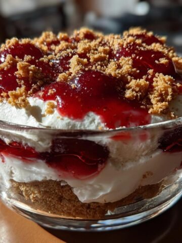 Close-up of a layered Cherry Cheesecake Trifle in a clear glass, topped with cherry sauce and graham cracker crumbs.