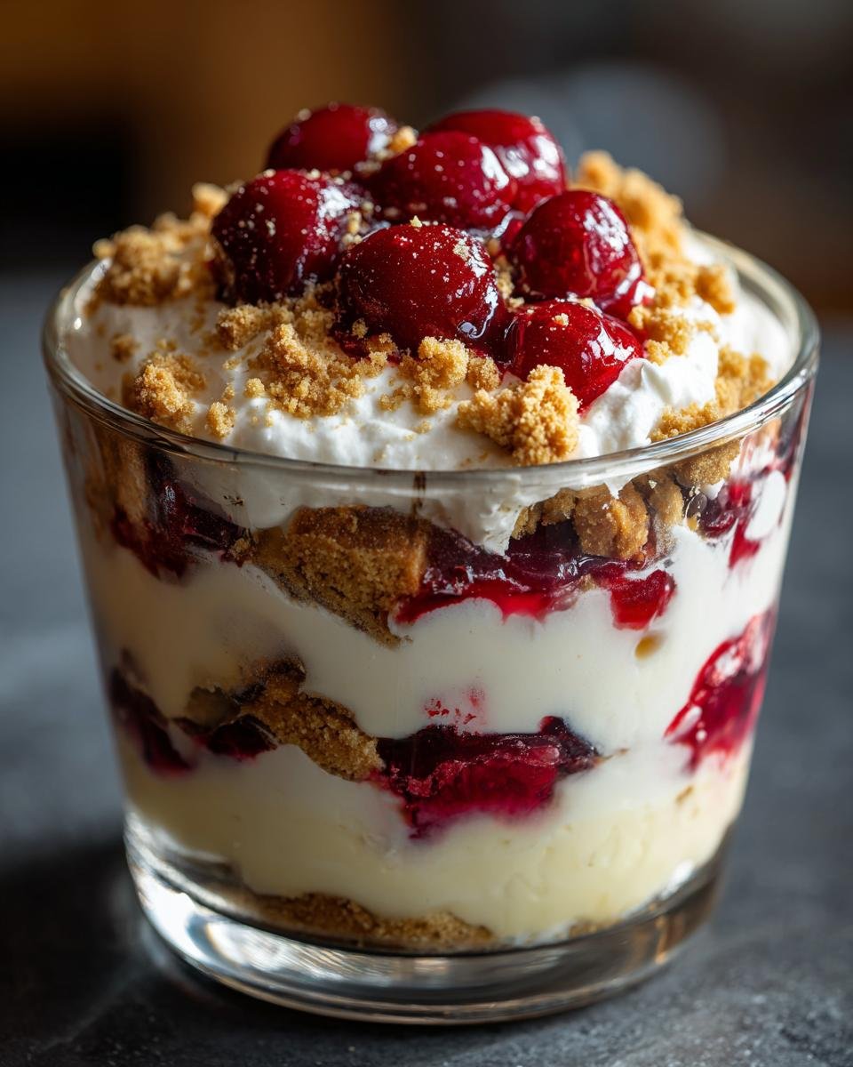 Close-up of a layered Cherry Cheesecake Trifle in a clear glass, topped with whipped cream and whole cherries.