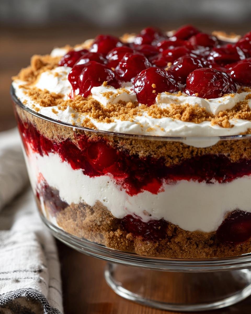 Close-up of a beautiful Cherry Cheesecake Trifle showing layers of graham cracker crust, cream cheese filling, and cherry topping.