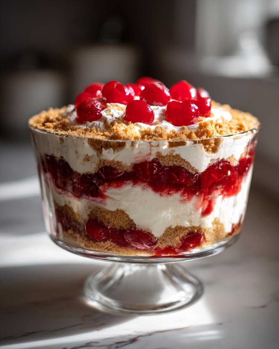 A beautiful layered Cherry Cheesecake Trifle in a glass pedestal dish, topped with whipped cream and bright red maraschino cherries.