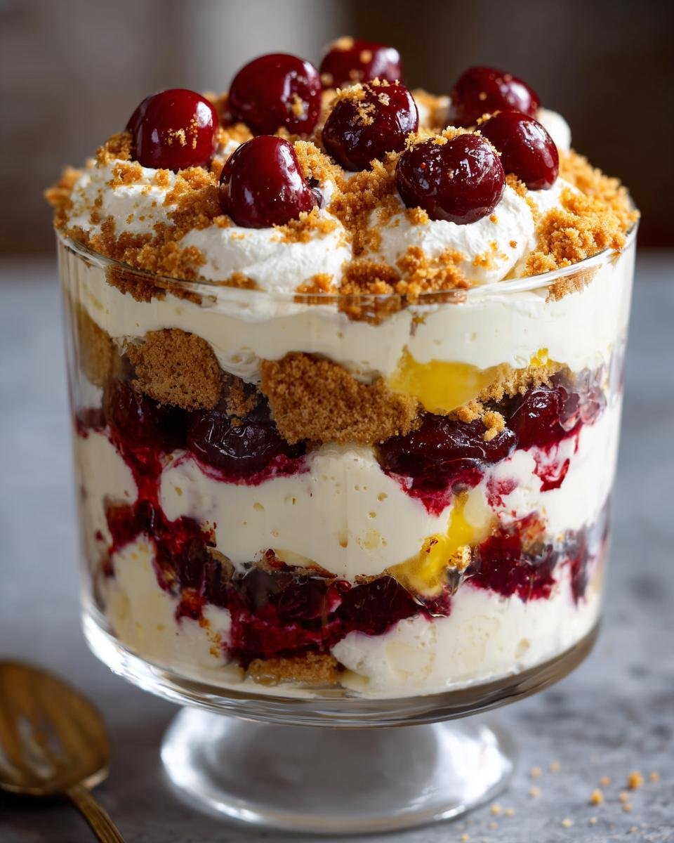 Close-up of a layered Cherry Cheesecake Trifle featuring cream, graham cracker crumbs, and bright red cherries.