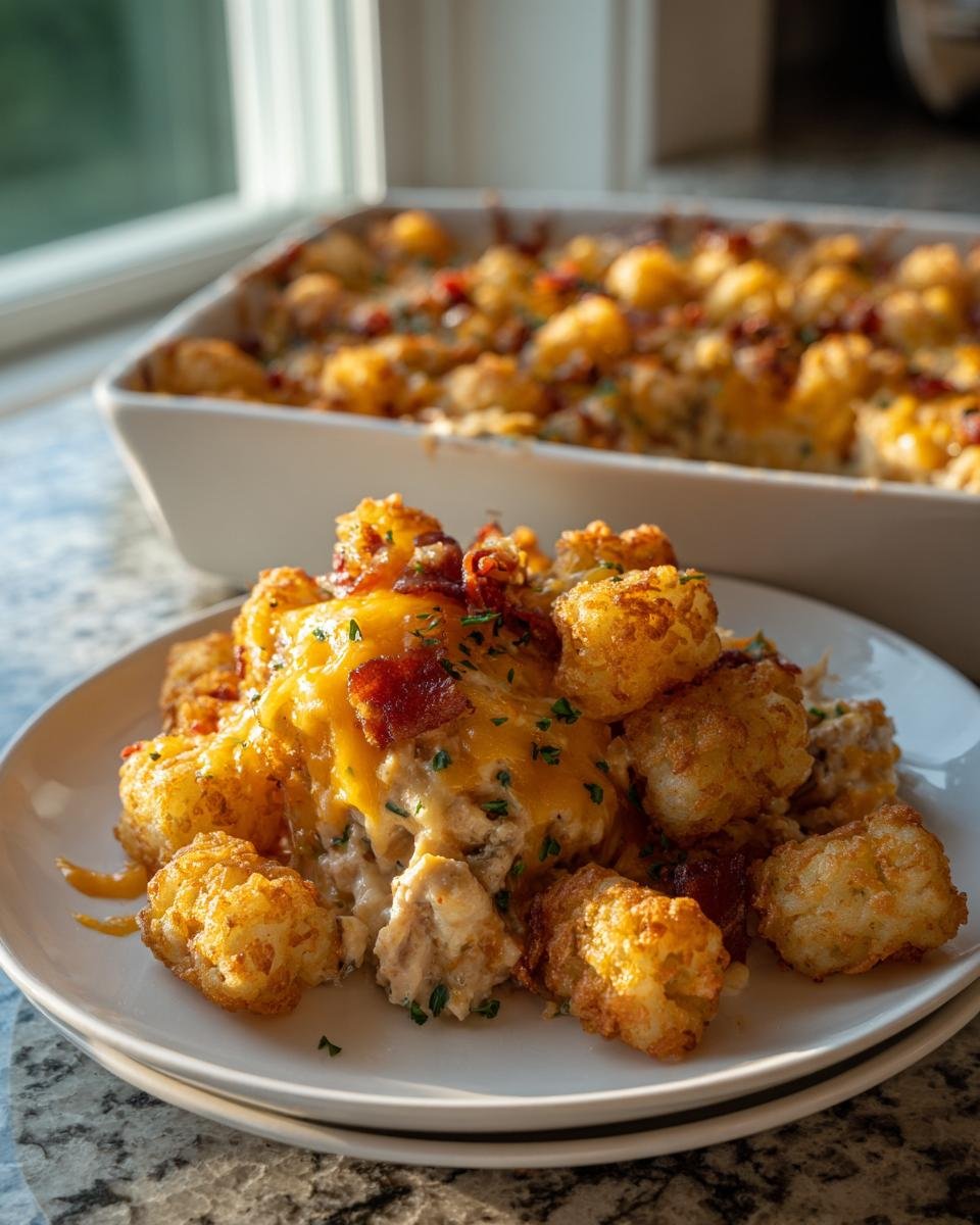 A serving of creamy Chicken Bacon Ranch Tater Tot Casserole topped with melted cheddar and crispy bacon.