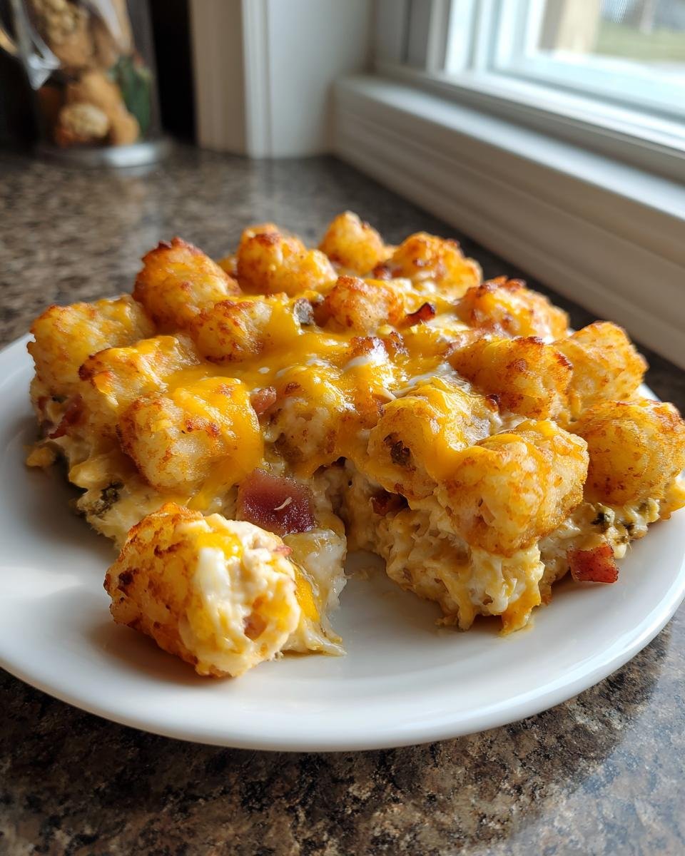 A serving of cheesy Chicken Bacon Ranch Tater Tot Casserole topped with golden tater tots and melted cheddar cheese.
