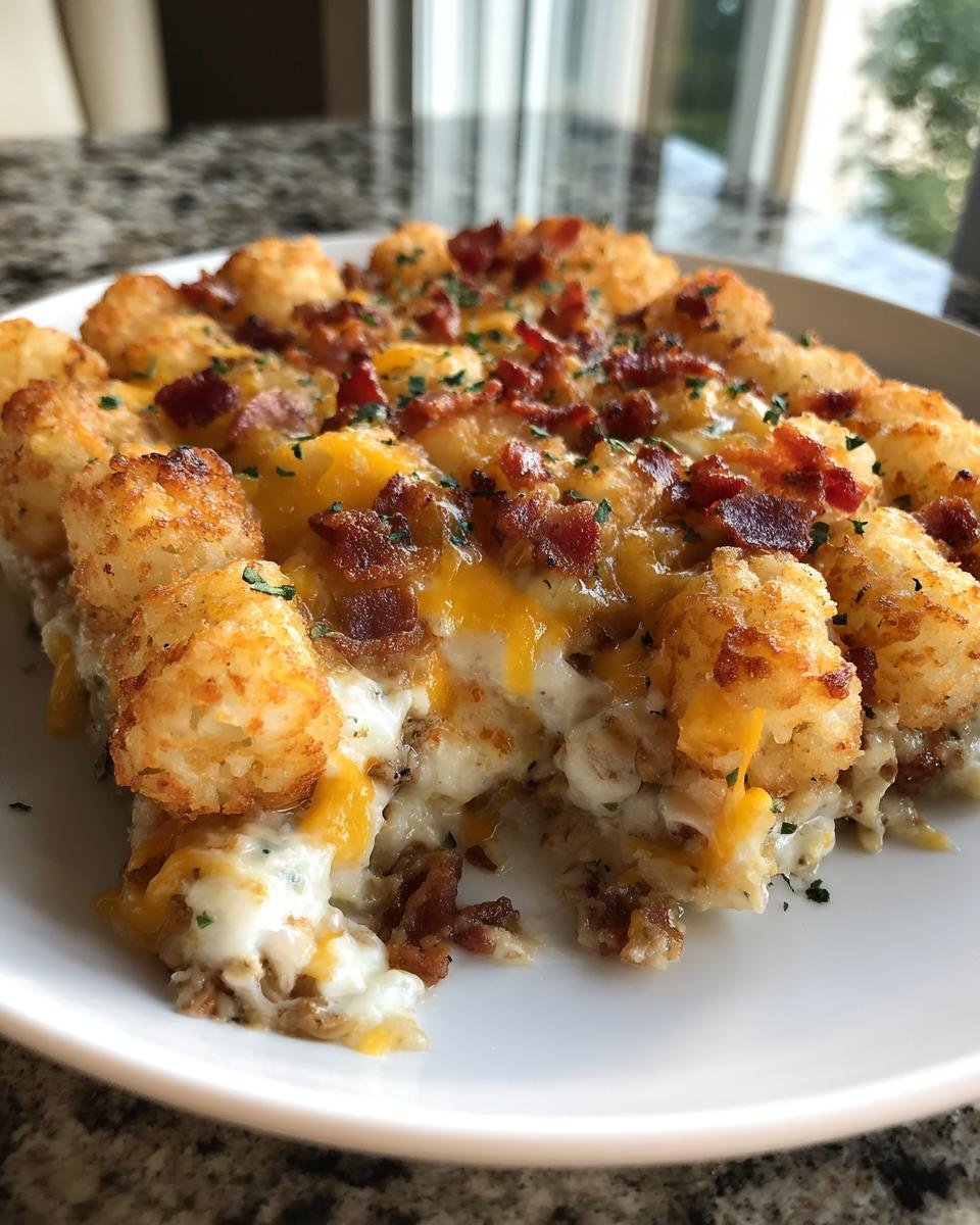 A close-up serving of Chicken Bacon Ranch Tater Tot Casserole topped with melted cheese and bacon bits.