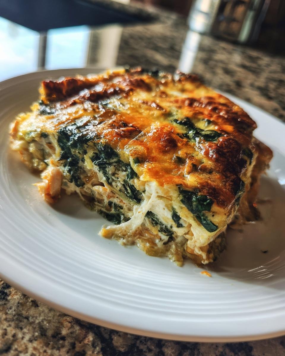 Close-up of a baked slice of Chicken Tortilla Spinach Casserole showing layers of spinach, chicken, and melted golden cheese.
