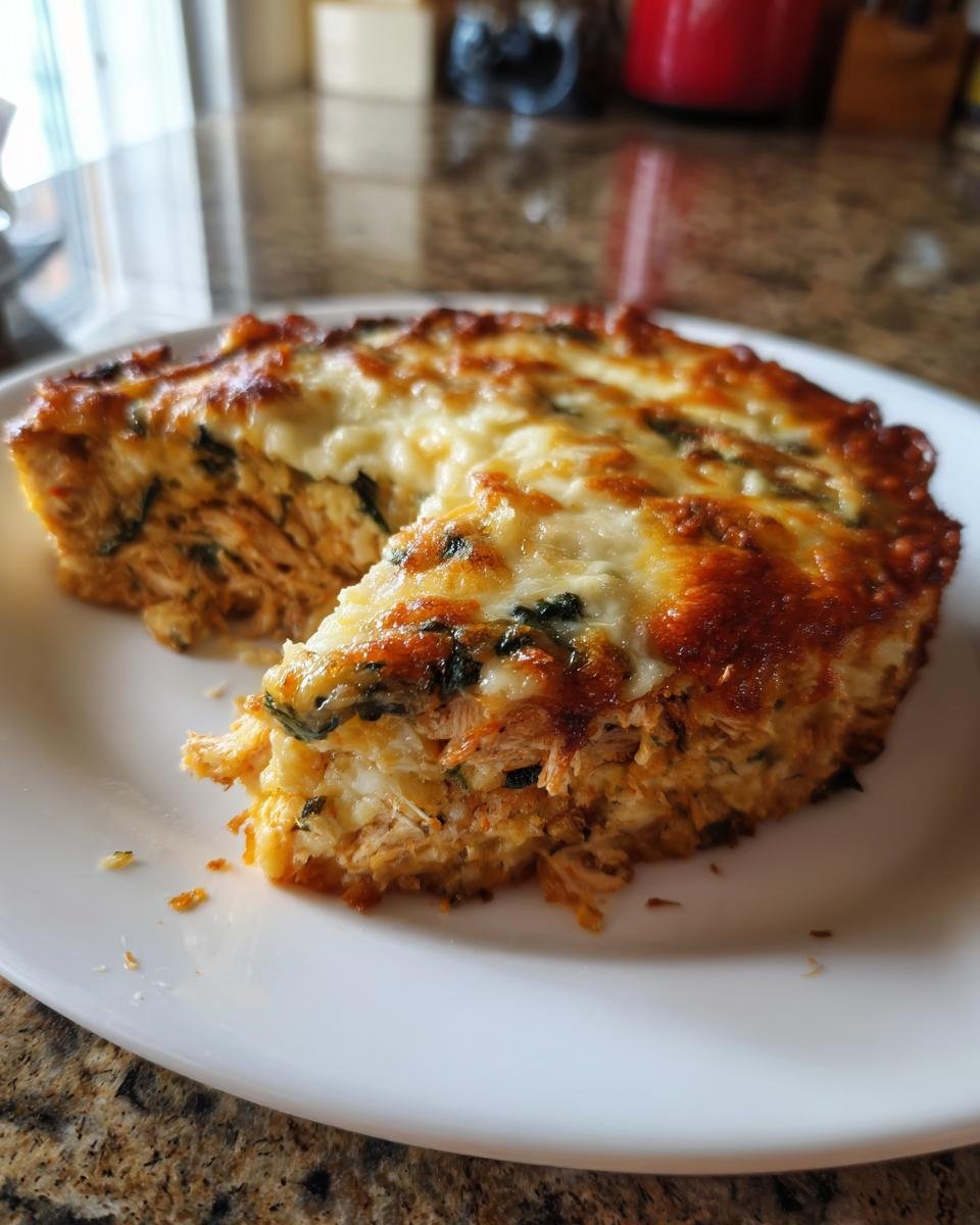 A close-up of a slice of Chicken Tortilla Spinach Casserole with a browned, cheesy top.