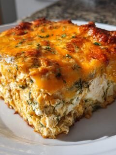 A square serving of Chicken Tortilla Spinach Casserole topped with melted, browned cheddar cheese.