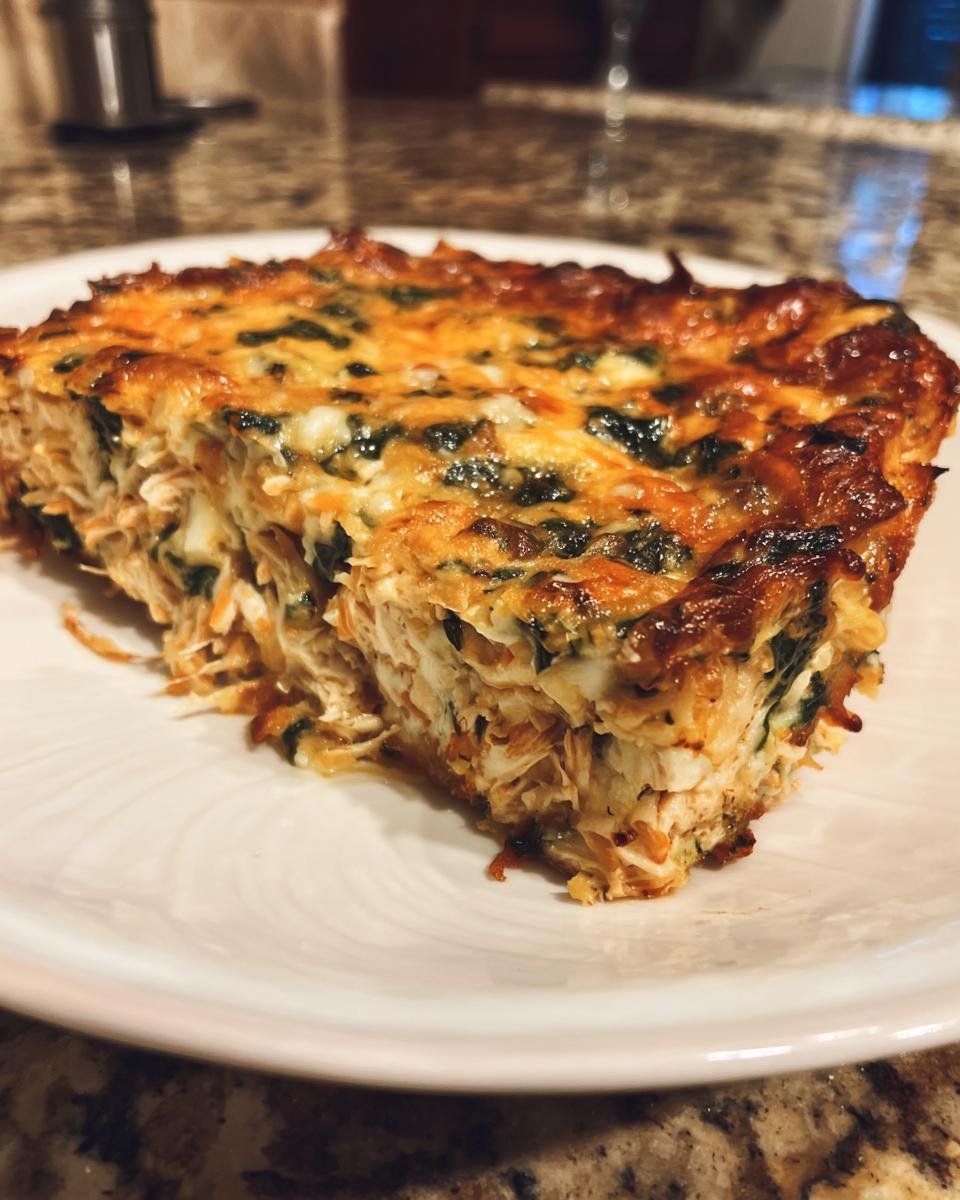A thick slice of baked Chicken Tortilla Spinach Casserole with a golden-brown cheesy top.