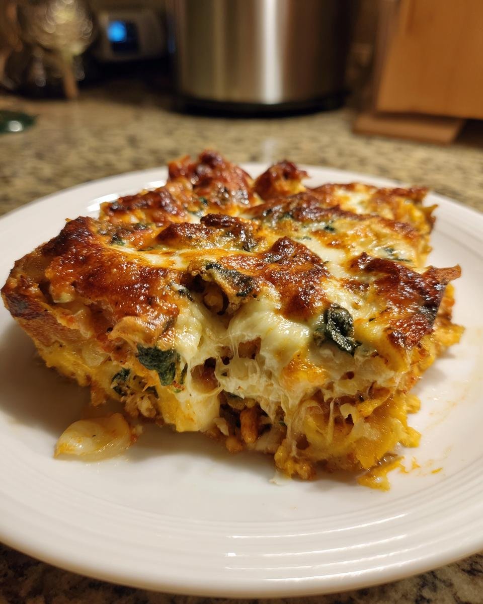 A close-up of a cheesy slice of Chicken Tortilla Spinach Casserole showing melted, browned cheese and visible spinach.